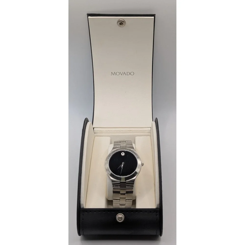 Vtg Men's Movado Museum Watch Black Dial Stainless Steel Swiss Quartz NIB